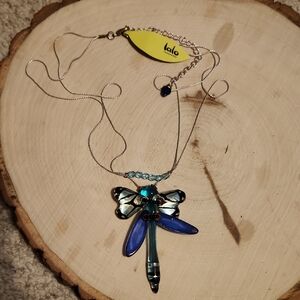 Lalo Trasures Blue Dragon Fly Necklace NEW